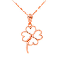 Gold 4 Leaf Clover Heart Lucky Pendant Necklace (Available in Yellow/Rose/White Gold)