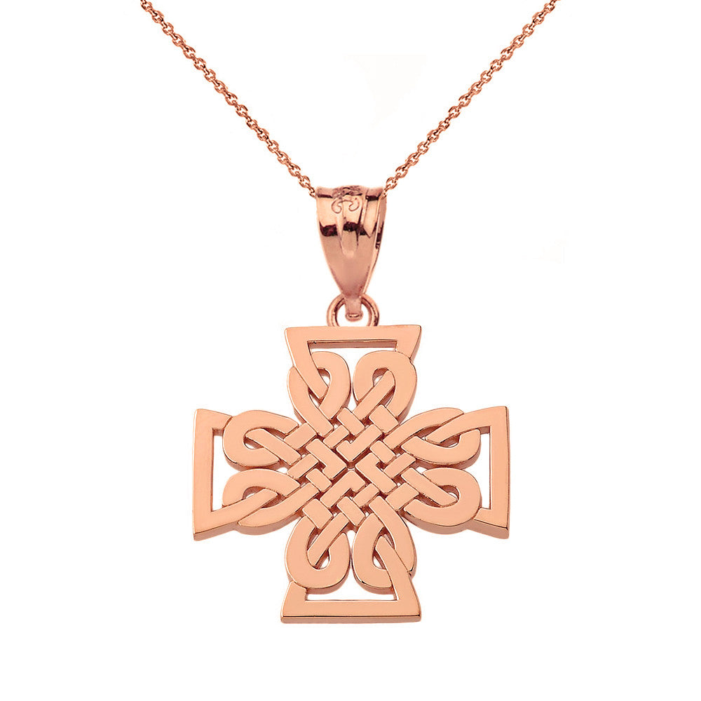 Gold Woven Celtic Cross Pendant Necklace (Available in Yellow/Rose/White Gold)