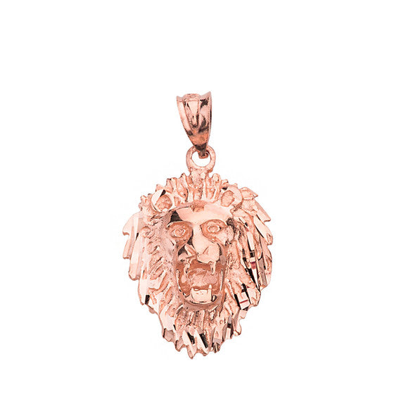 Solid Gold Diamond Cut Roaring Lion Head Pendant Necklace (Available in Yellow/Rose/White Gold)