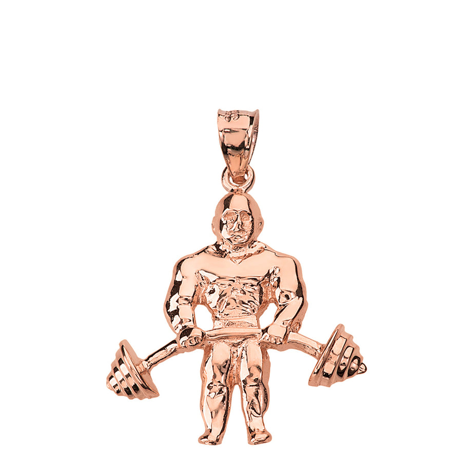 Solid Gold Weightlifting Fitness Sport Bodybuilder and Barbell Pendant Necklace(Available in Yellow/Rose/White Gold)