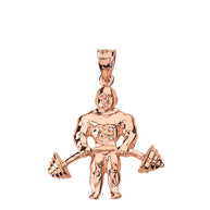 Solid Gold Weightlifting Fitness Sport Bodybuilder and Barbell Pendant Necklace(Available in Yellow/Rose/White Gold)