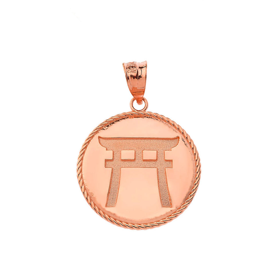 Gold Japanese Torii Shinto Gate Disc Pendant Necklace (Available in Yellow/Rose/White Gold)