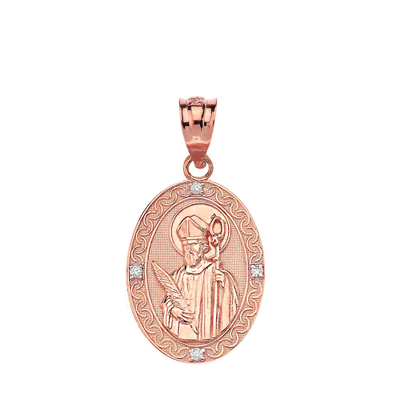 Engravable Diamond Saint Valentine Pray For Us Oval Pendant Necklace (1.04