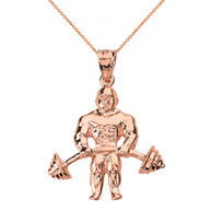 Solid Gold Weightlifting Fitness Sport Bodybuilder and Barbell Pendant Necklace(Available in Yellow/Rose/White Gold)