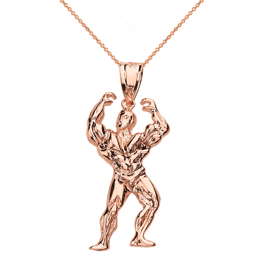Weightlifting Fitness Sport Bodybuilder Pendant Necklace in Solid Gold (Yellow/Rose/White)