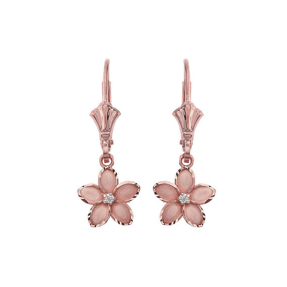 Gold Diamond Hawaiian Plumeria Flower Leverback Earrings (0.95