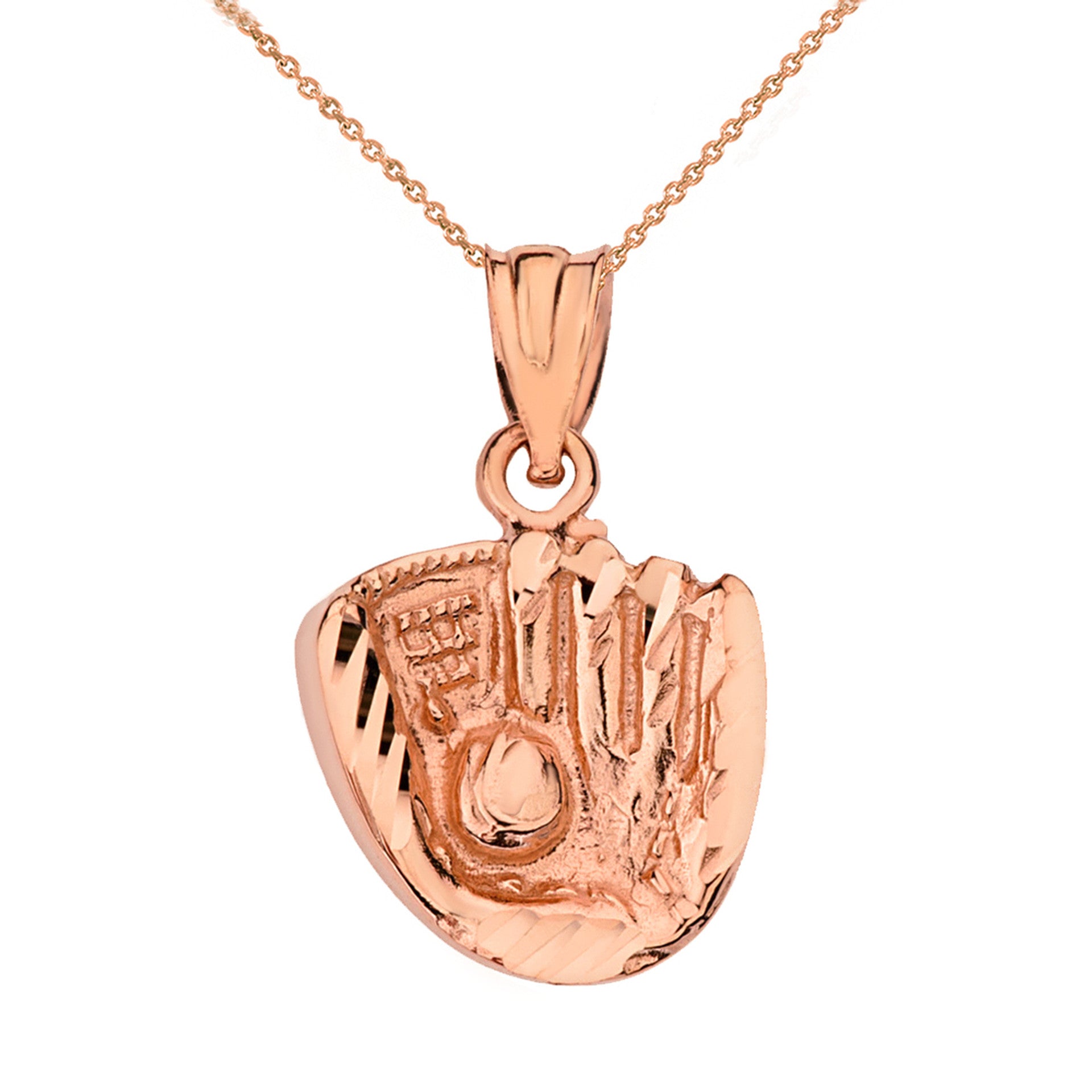 Solid Gold Diamond Cut Baseball Glove Pendant Necklace (Available in Yellow/Rose/White)