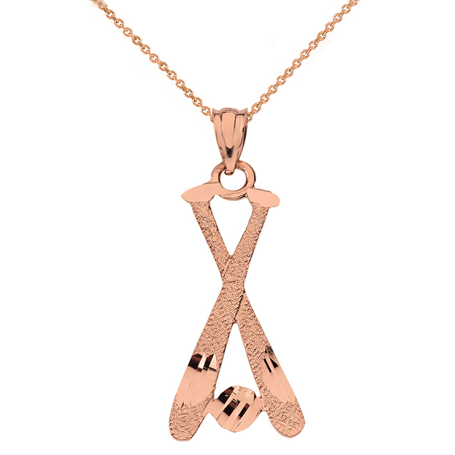 Diamond Cut Baseball Bats Pendant Necklace in Solid Gold (Yellow/Rose/White)