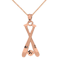 Diamond Cut Baseball Bats Pendant Necklace in Solid Gold (Yellow/Rose/White)
