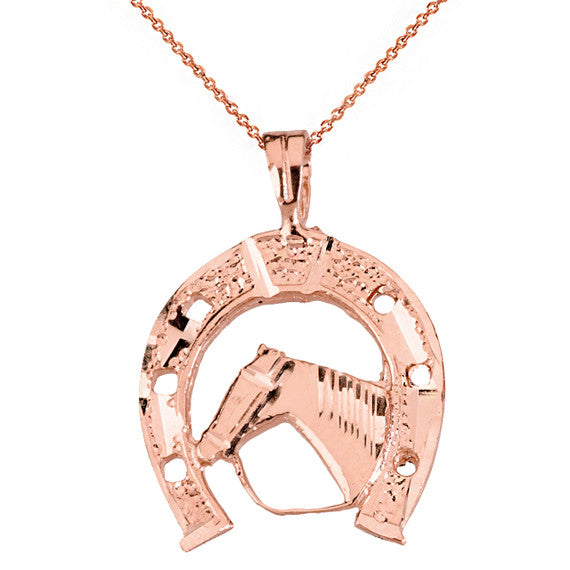 Sparkle Cut Equestrian Horseshoe and Horse Pendant Necklace in Solid Gold (Yellow/Rose/White)