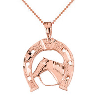 Sparkle Cut Equestrian Horseshoe and Horse Pendant Necklace in Solid Gold (Yellow/Rose/White)