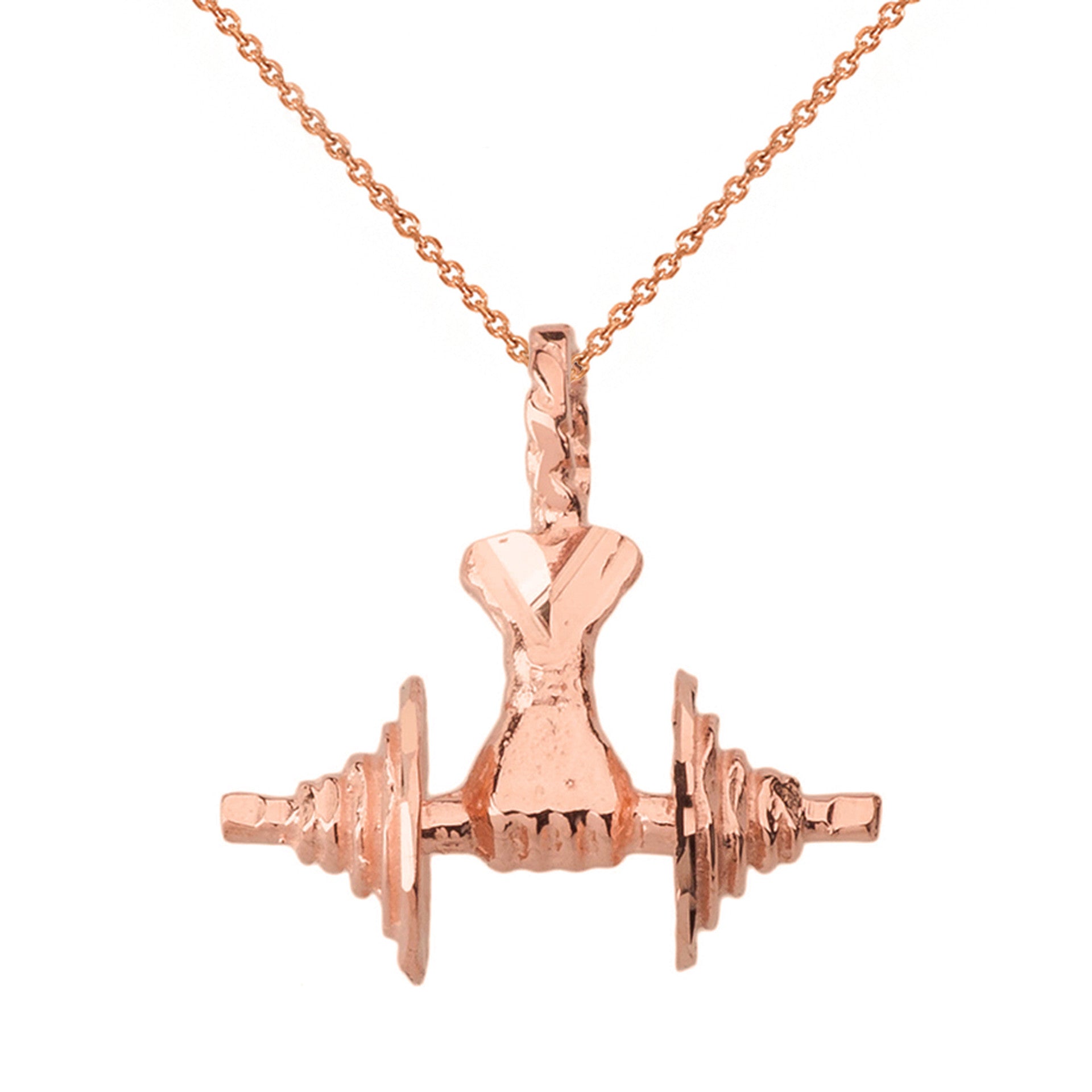 Bodybuilding Lifting Barbell 3D Pendant Necklace in Solid Gold (Available inYellow/Rose/White)