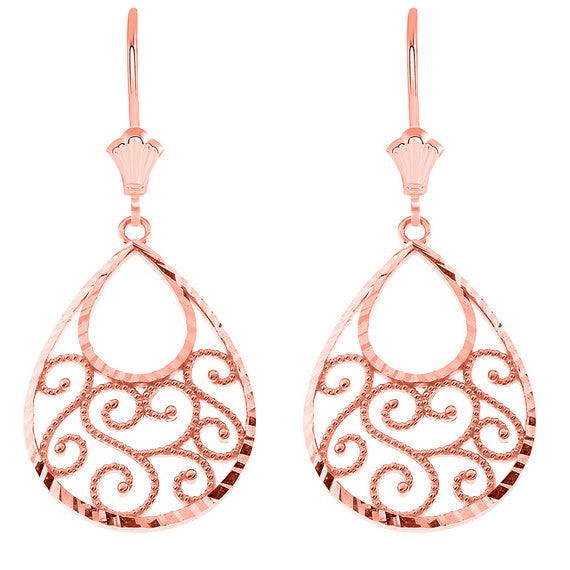 Gold Filigree Teardrop Spiral Leverback Earrings in 14K (Available in Yellow/Rose/White)