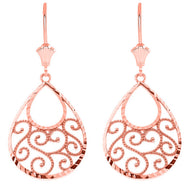 Gold Filigree Teardrop Spiral Leverback Earrings in 14K (Available in Yellow/Rose/White)