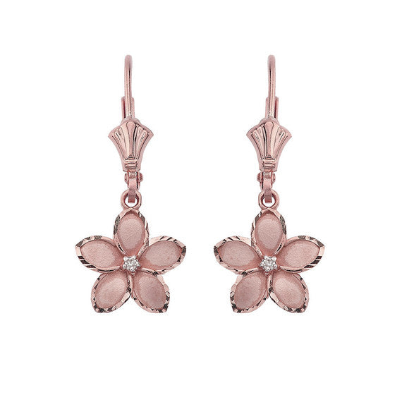 Gold Diamond Hawaiian Plumeria Flower Leverback Earrings (1.04