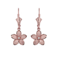 Gold Diamond Hawaiian Plumeria Flower Leverback Earrings (1.04