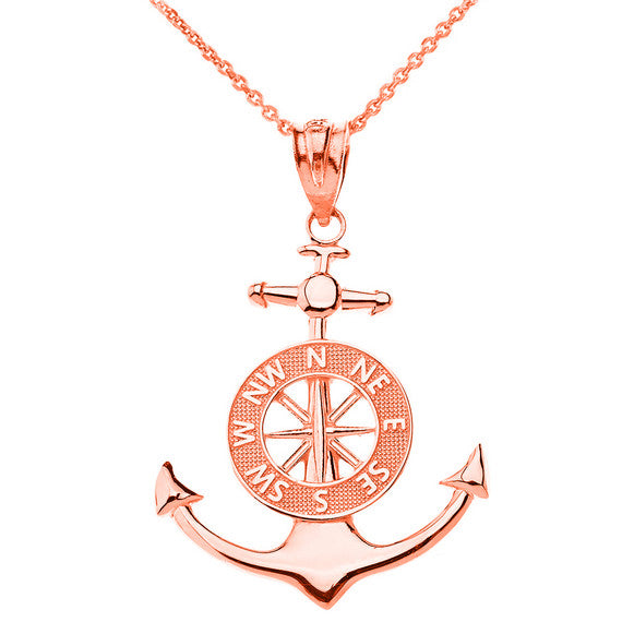 Solid Gold Mariner's Anchor Compass Charm Pendant Necklace (Available in Yellow/Rose/White Gold)
