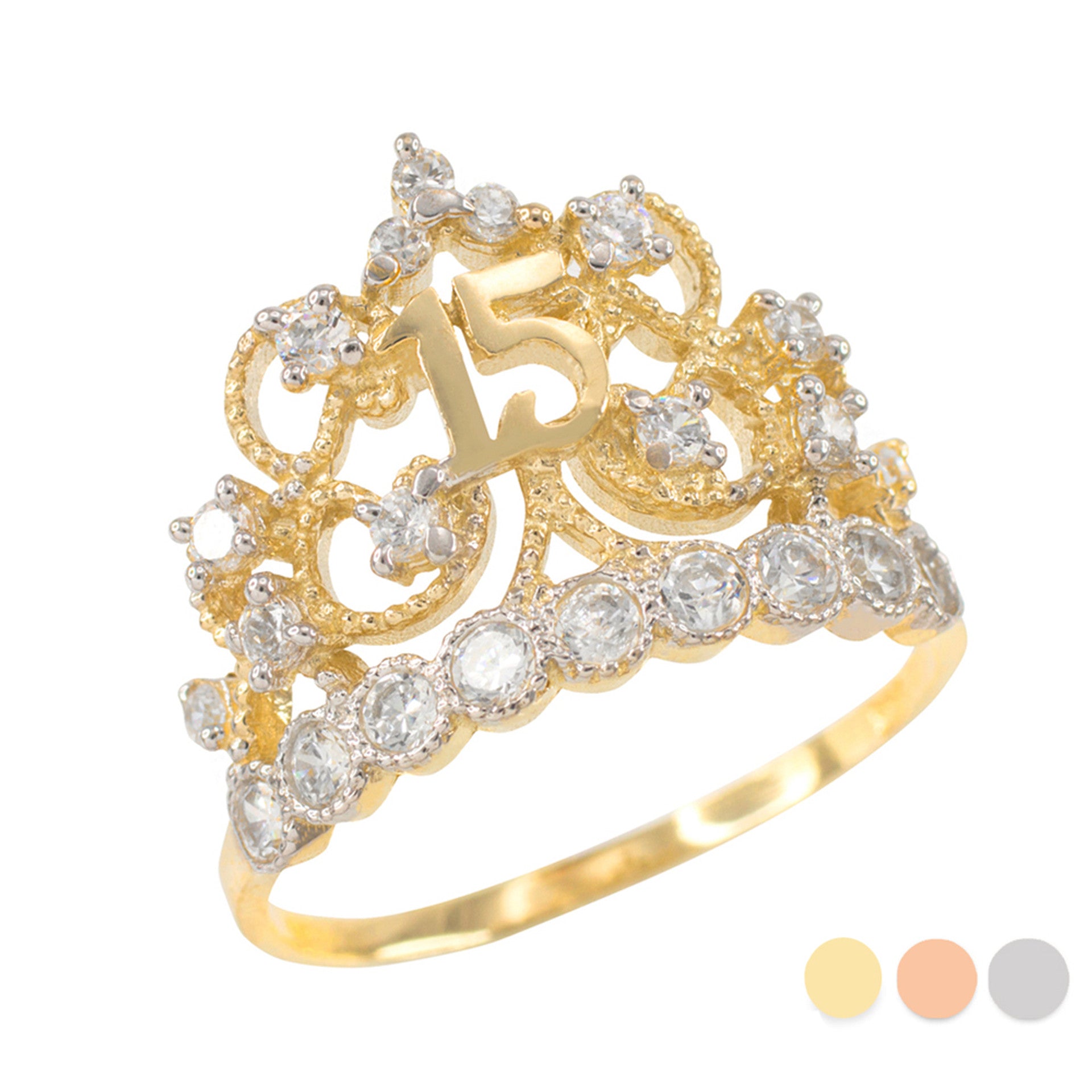 Two-Tone Solid Gold Cubic Zirconia Crown 15 Años Filigree Quinceañera Ring (Available in Yellow/Rose/White Gold)