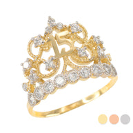 Two-Tone Solid Gold Cubic Zirconia Crown 15 Años Filigree Quinceañera Ring (Available in Yellow/Rose/White Gold)