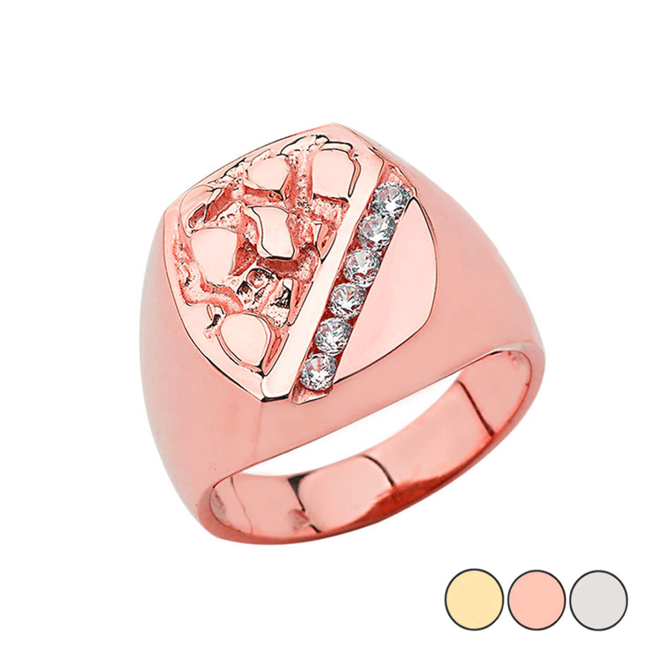 Gold Men's Cubic Zirconia Nugget Striped Signet Ring (Available in Yellow/Rose/White Gold)