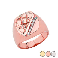Gold Men's Cubic Zirconia Nugget Striped Signet Ring (Available in Yellow/Rose/White Gold)