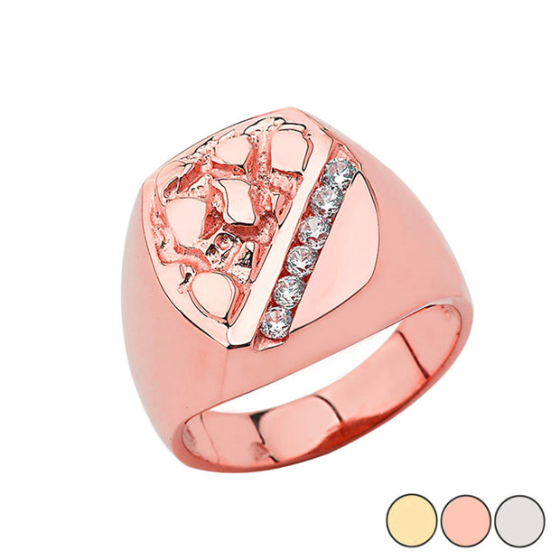 Gold Men's Cubic Zirconia Nugget Striped Signet Ring (Available in Yellow/Rose/White Gold)