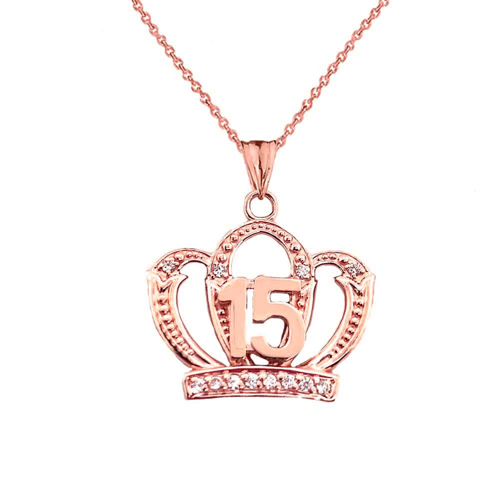 Solid Gold Cubic Zirconia Crown 15 Años Quinceañera Textured Pendant Necklace (Available in Yellow/Rose/White Gold)