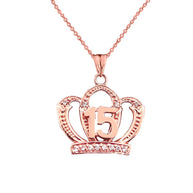 Solid Gold Cubic Zirconia Crown 15 Años Quinceañera Textured Pendant Necklace (Available in Yellow/Rose/White Gold)
