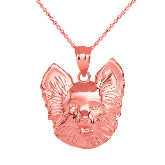 Solid Gold Pomeranian Dog Head Pendant Necklace (Available in Yellow/Rose/White Gold)