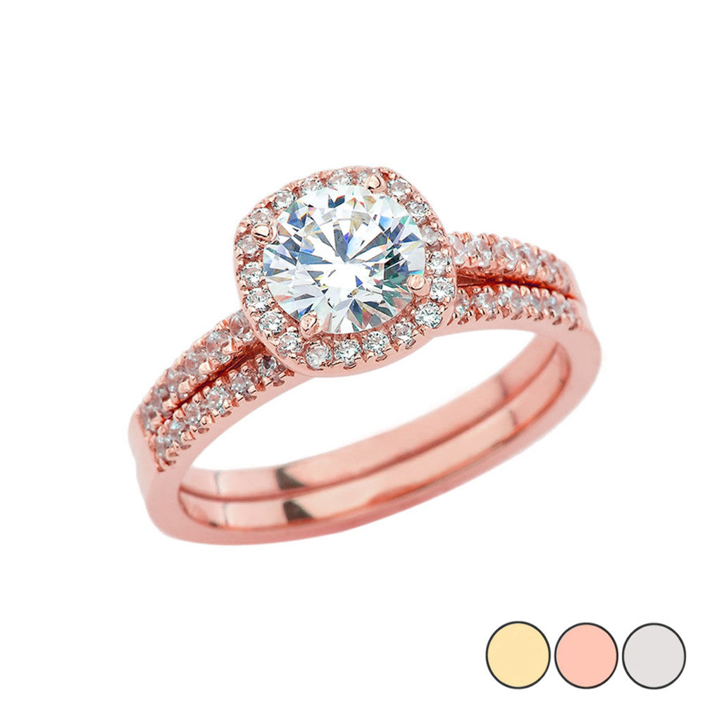 Gold CZ Halo Engagement Band Ring Set (Available in Yellow/Rose/White Gold)