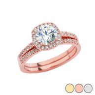 Gold CZ Halo Engagement Band Ring Set (Available in Yellow/Rose/White Gold)