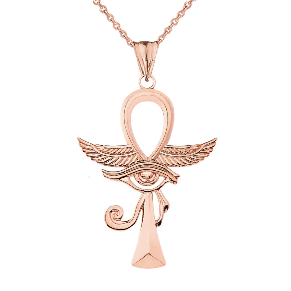 Gold Egyptian Winged Ankh Cross Eye of Horus Pendant Necklace (Available in Yellow/Rose/White Gold)