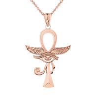 Gold Egyptian Winged Ankh Cross Eye of Horus Pendant Necklace (Available in Yellow/Rose/White Gold)