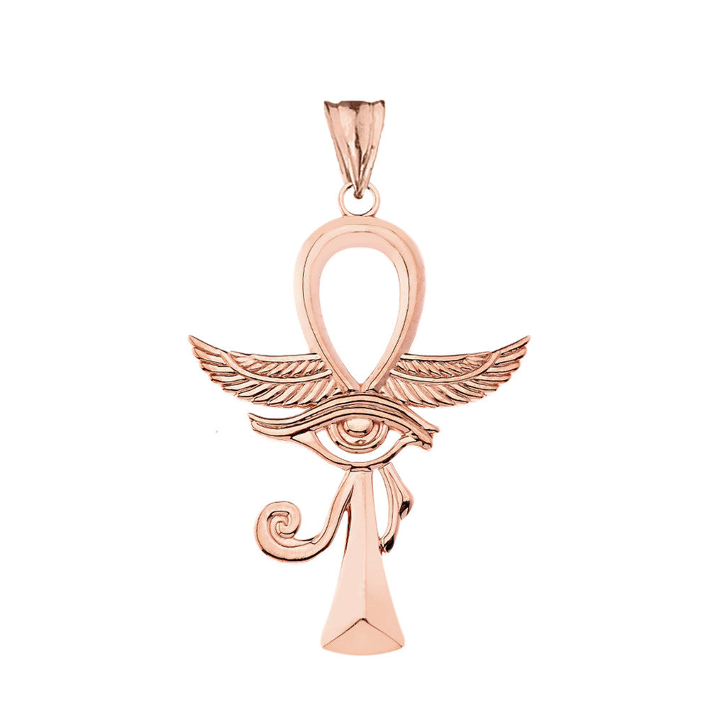 Gold Egyptian Winged Ankh Cross Eye of Horus Pendant Necklace (Available in Yellow/Rose/White Gold)