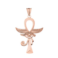 Gold Egyptian Winged Ankh Cross Eye of Horus Pendant Necklace (Available in Yellow/Rose/White Gold)