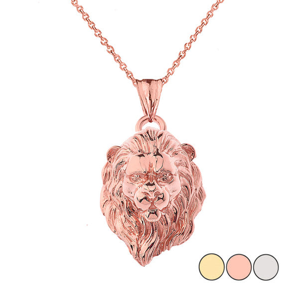 Solid Gold Lion Head Pendant Necklace In (Yellow/Rose/White)