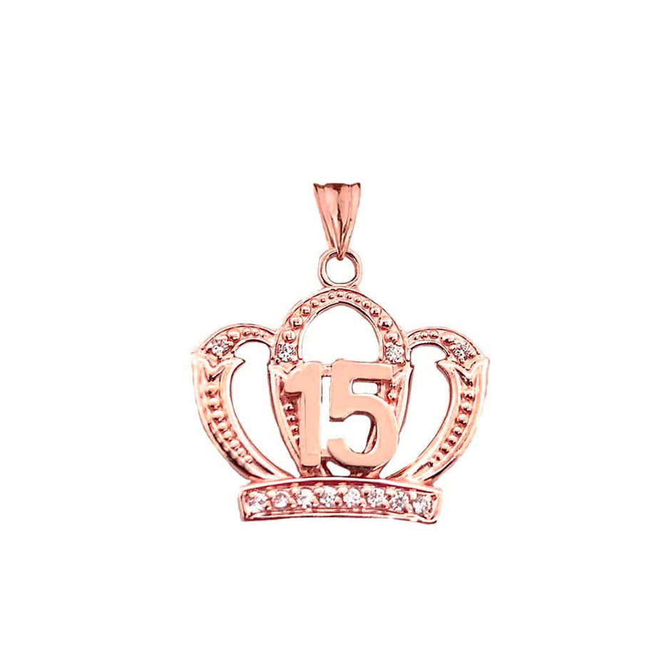 Solid Gold Cubic Zirconia Crown 15 Años Quinceañera Textured Pendant Necklace (Available in Yellow/Rose/White Gold)