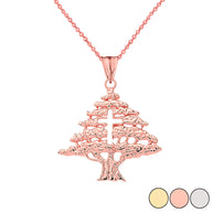 Solid Gold Lebanese Cedar Tree With Cut out Cross Pendant Necklace(Available in Yellow/Rose/White Gold)