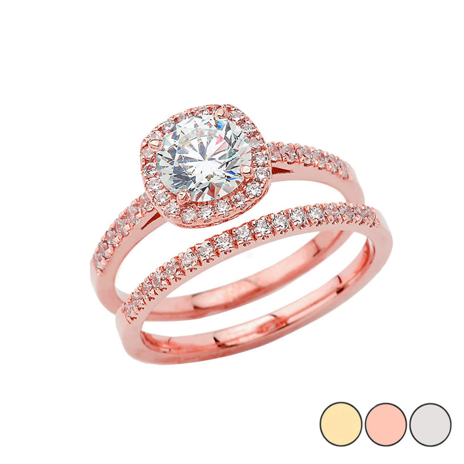 Gold CZ Halo Engagement Band Ring Set (Available in Yellow/Rose/White Gold)