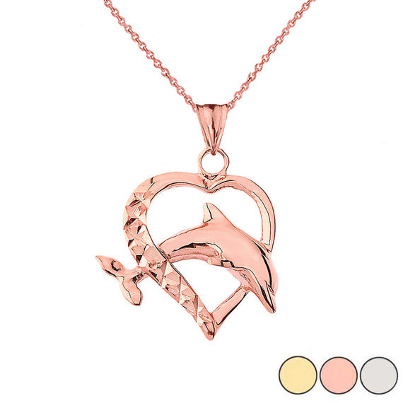 Heart Dolphin Love Pendant Necklace in Gold (Yellow/Rose/White)