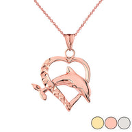 Heart Dolphin Love Pendant Necklace in Gold (Yellow/Rose/White)
