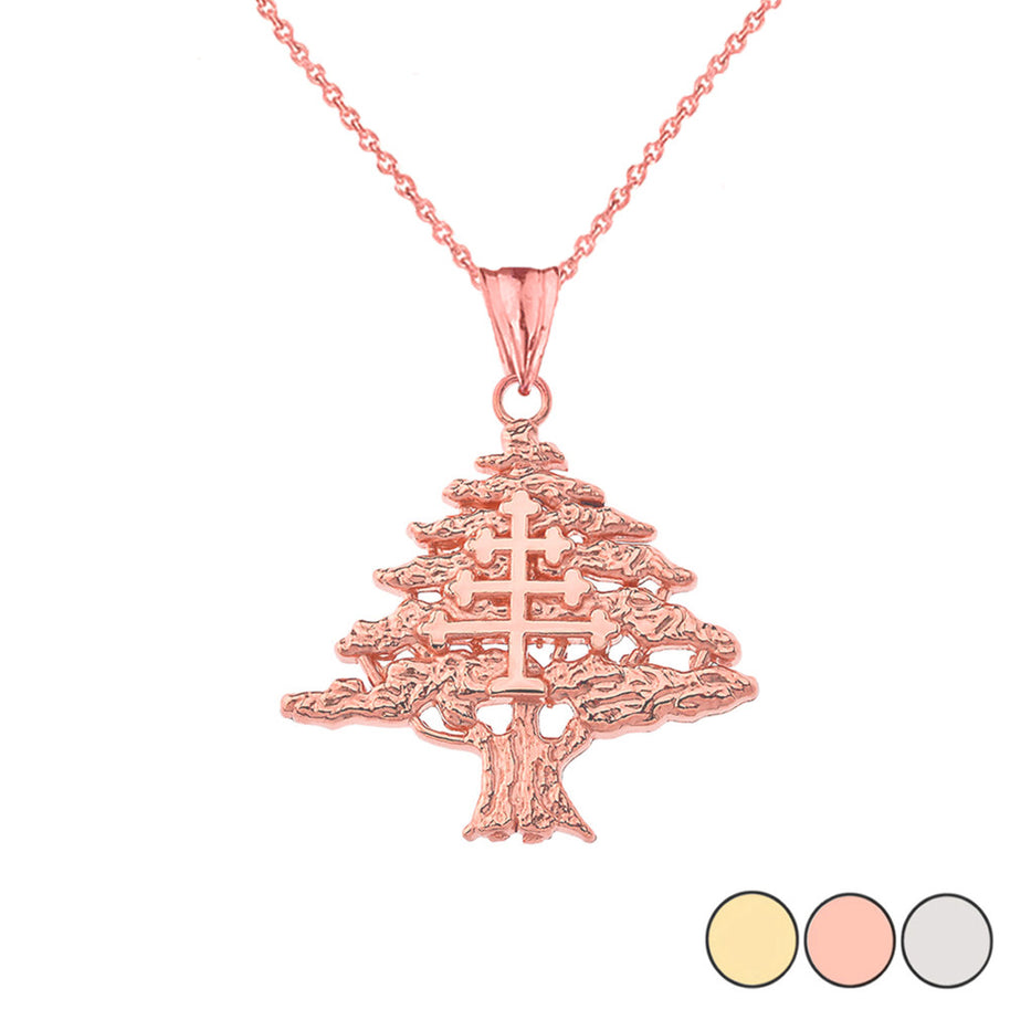 Gold Lebanese Cedar Tree With Maronite Cross Pendant Necklace (Available in Yellow/Rose/White)
