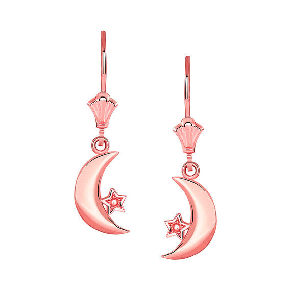 Crescent Moon and Star Leverback Earrings(Available in Yellow/Rose/White Gold)