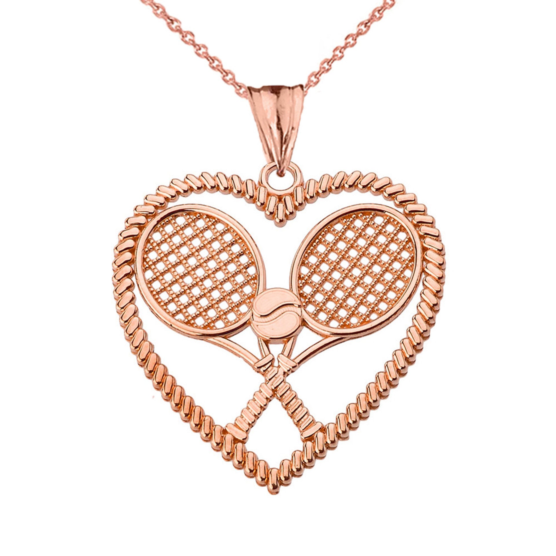 Solid Gold Detailed Tennis Rackets in Heart Pendant Necklace (Available in Yellow/Rose/White Gold)