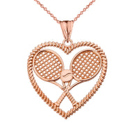 Solid Gold Detailed Tennis Rackets in Heart Pendant Necklace (Available in Yellow/Rose/White Gold)