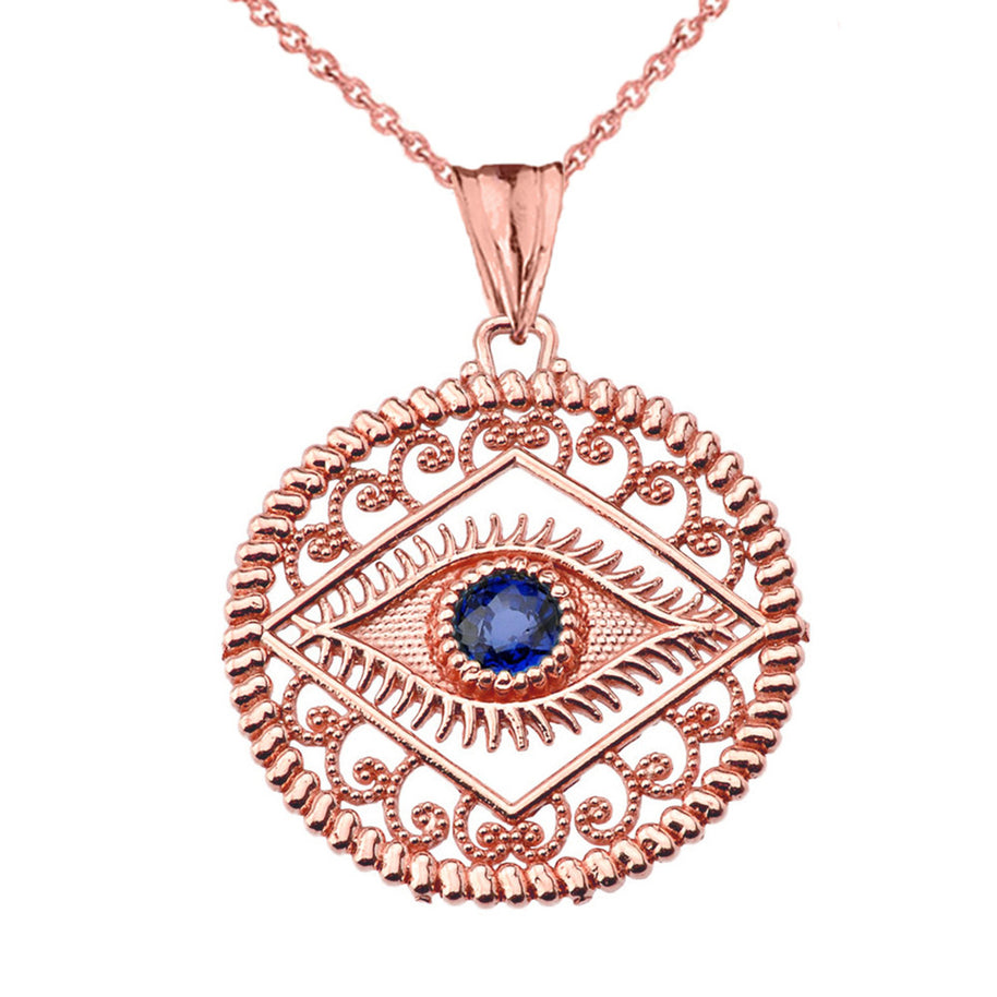 Solid Gold Round Filigree Evil Eye Pendant Necklace(Available In Yellow/Rose/White Gold)