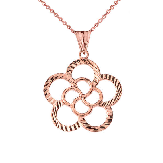 Gold Diamond Cut Flower Pendant Necklace (Available in Yellow/Rose/White Gold)
