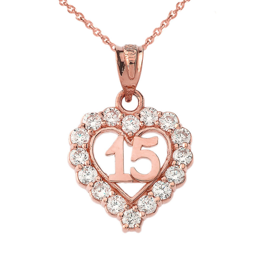 Gold 15 Años Quinceañera Heart Pendant Necklace with Cubic Zirconia (Available in Yellow Gold, Rose Gold, White Gold)