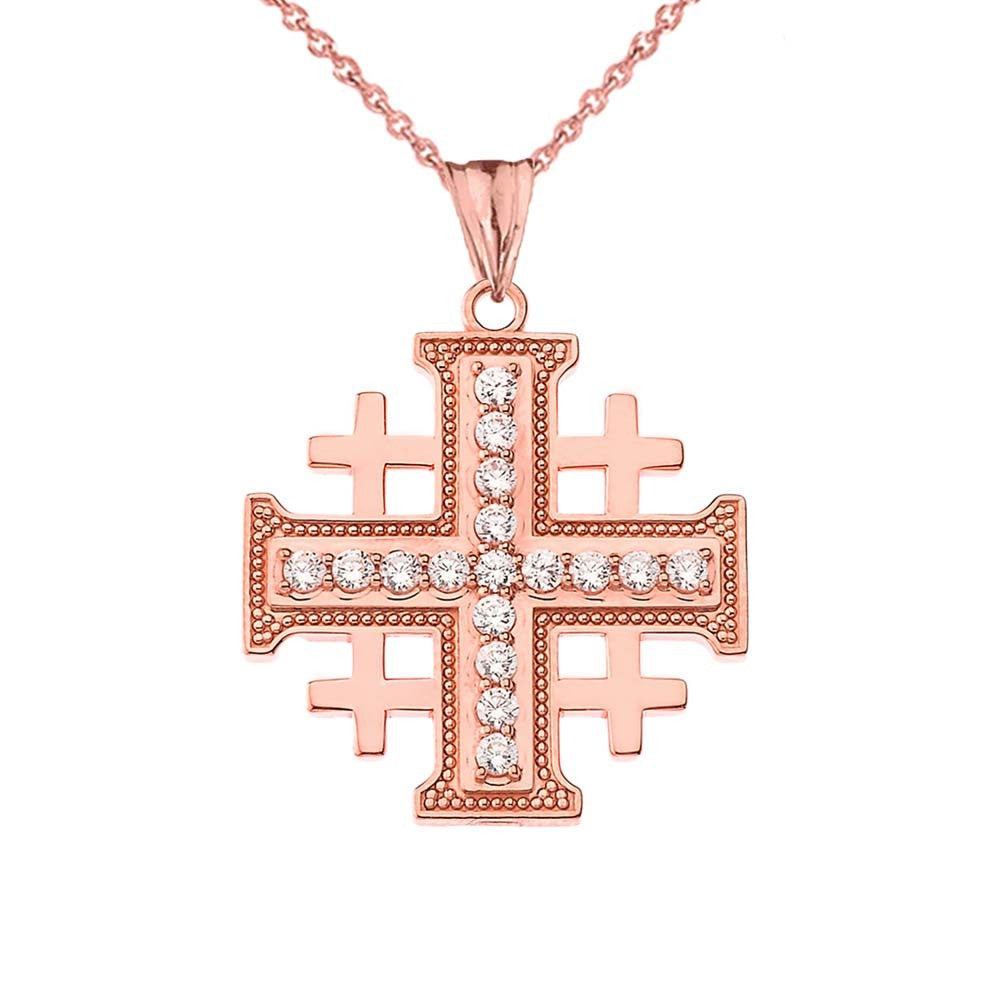 Gold Cubic Zirconia Jerusalem Cross Pendant Necklace (Available in Yellow/Rose/White Gold)
