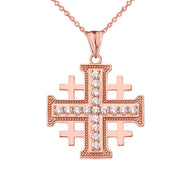 Gold Cubic Zirconia Jerusalem Cross Pendant Necklace (Available in Yellow/Rose/White Gold)